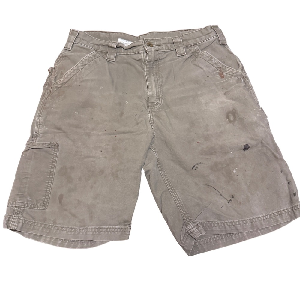 Carhartt Mens B147 LBR Canvas Carpenter Shorts Brown Distressed Paint Size 33